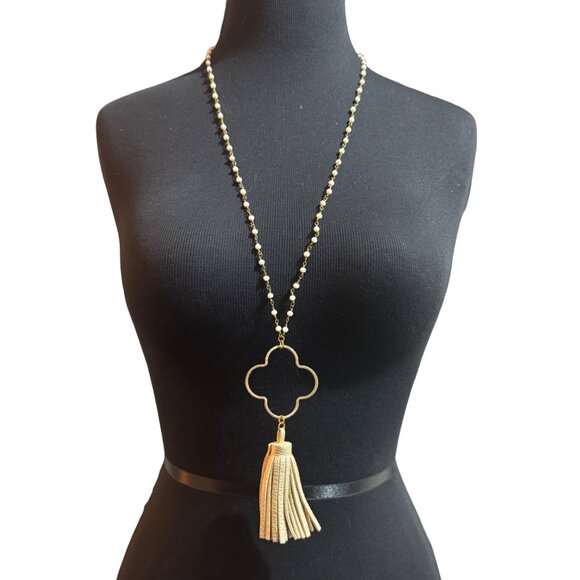 Gold Clover Pendant Necklace With Tassel & Beaded Chain - Picture 1 of 3